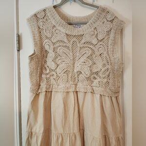 Polagram Beige Crochet Bodice Tiered Ruffle Dress Boho 2X Cottagecore Minimalist